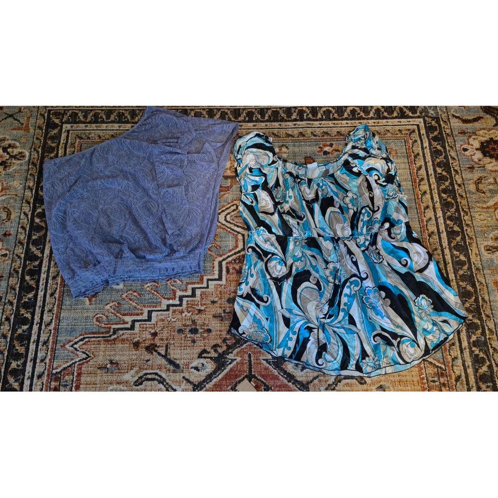 Cato Woman Plus Size 22/24W Blue Paisley Blouse & Lace One Shoulder Top Bundle‎